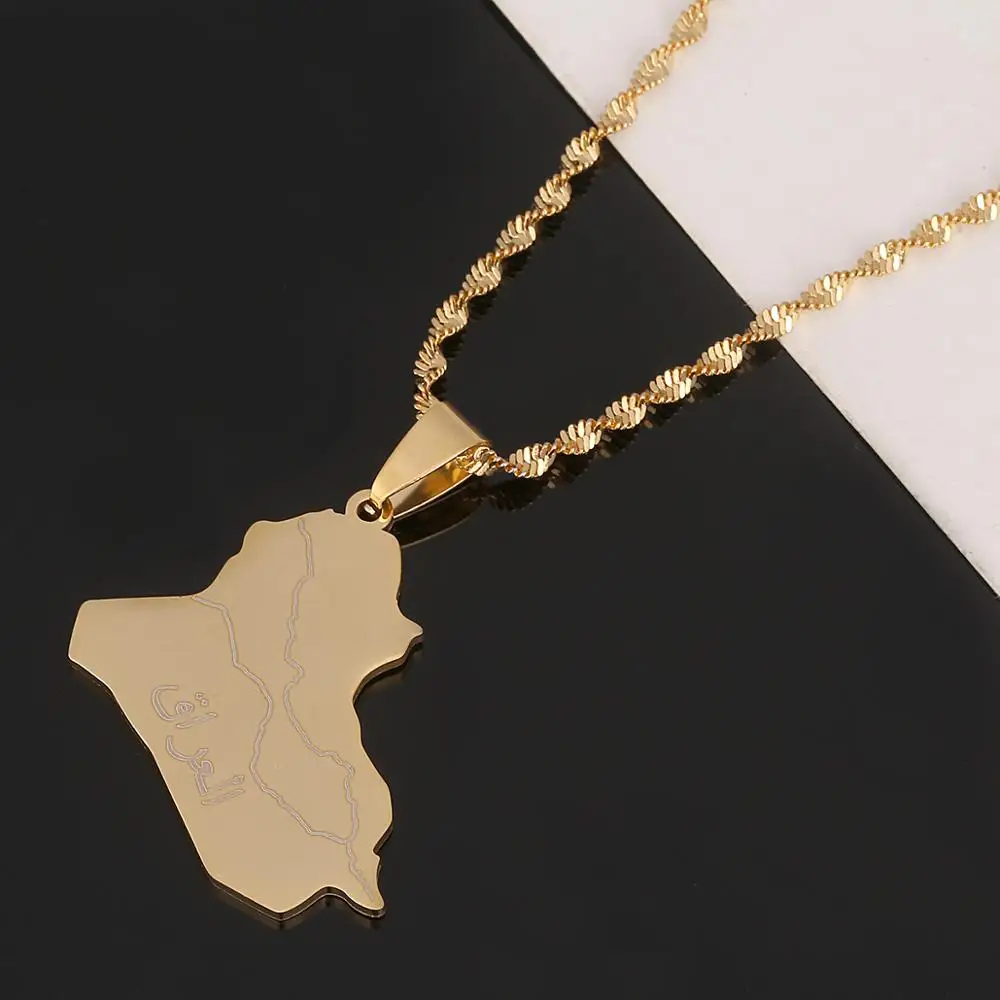 Stainless Steel Gold Color Iraq Map Pendant Necklace Trendy Map Of Iraq Chain Jewelry