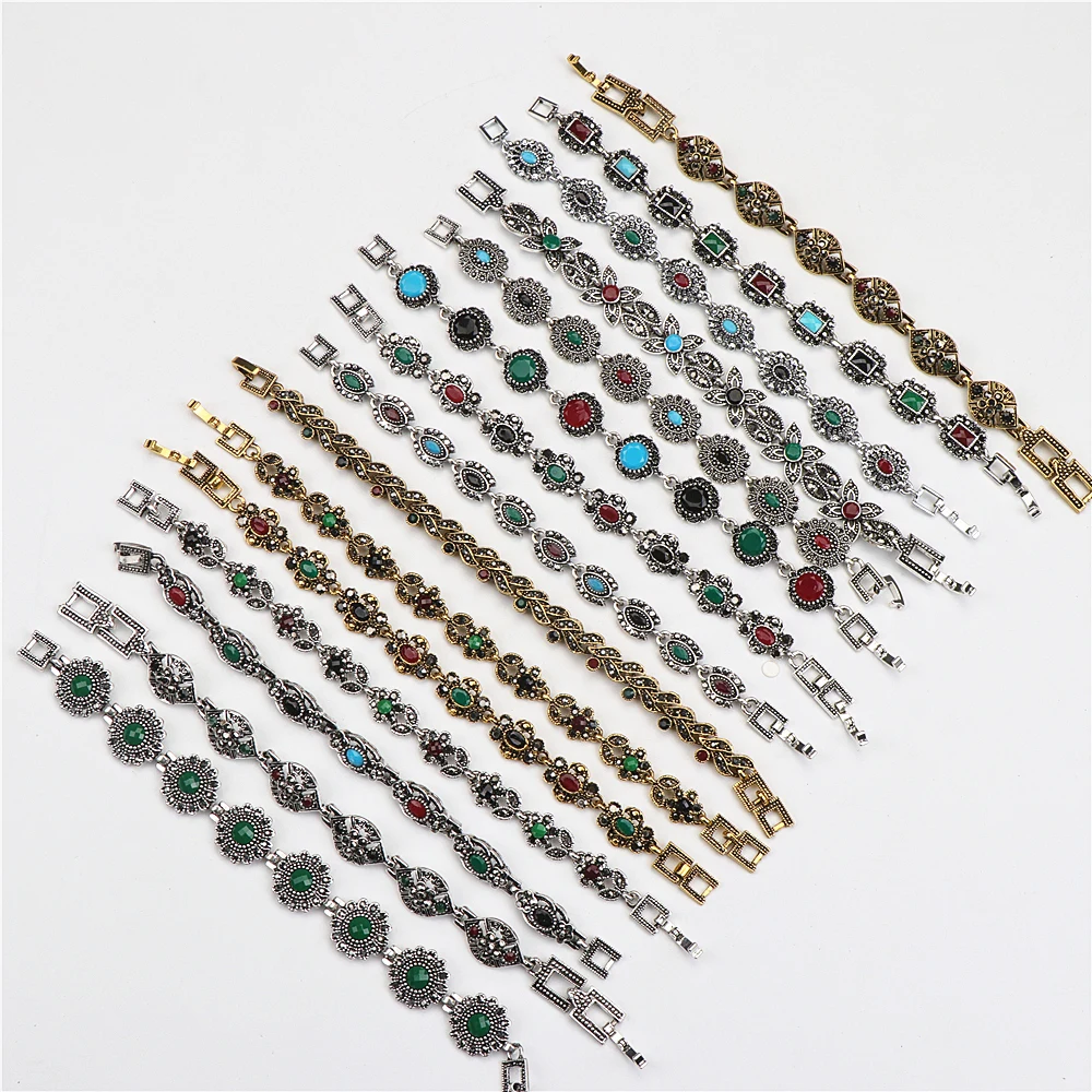 Wholesale 10pcs/lots Bulk Vintage Metal Bohemian Ethnic Crystal Charm Bracelet For Women Party Gift Mix Style