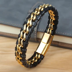 Bracelet à chaîne en cuir véritable pour homme, fermoir magnétique en acier inoxydable plaqué or, bijoux exclusif, cadeau, vente en gros