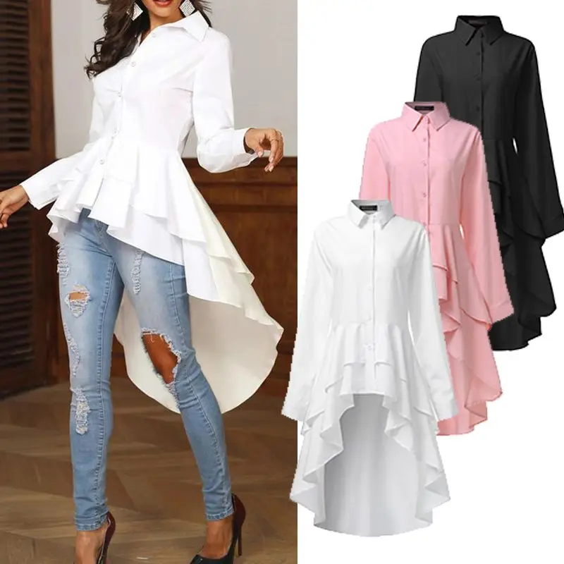 Fashion Asymmetrical Tops Women\'s Ruffle Blouse 2023 ZANZEA Casual Button Long Sleeve Shirts Female Lapel Blusas  Tunic