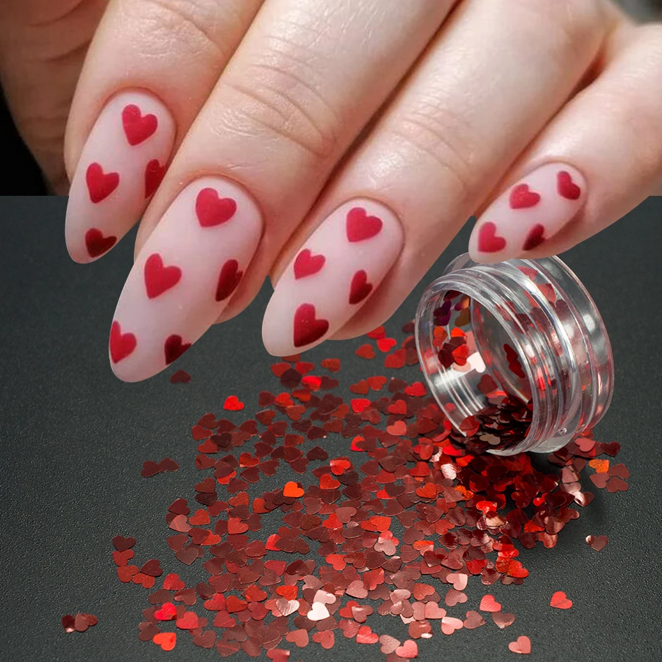 Holographic Red Heart Sequin for Nail Art Decoration Valentines Sweet Love Heart Flakes Designs 3D Charm Manicure Paillette NTLB