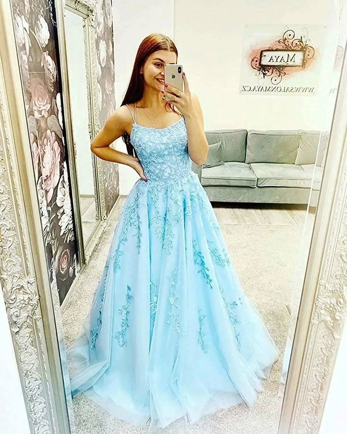 

2020 New Lace Appliques Evening Dresses Long Spaghetti Straps Lace-up Back Sleeveless Formal Prom Party Gowns Vestido De Noiva