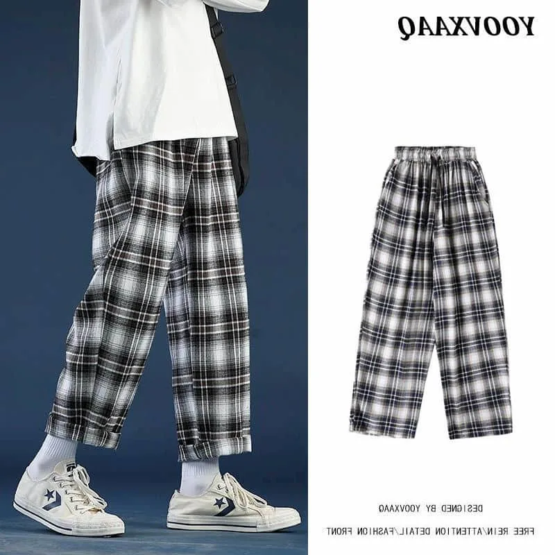 

Pants for Men Women DK Korean Grunge Straight Wide Legs High Waist Checked Draping Black White Hip Hop Casual Trousers