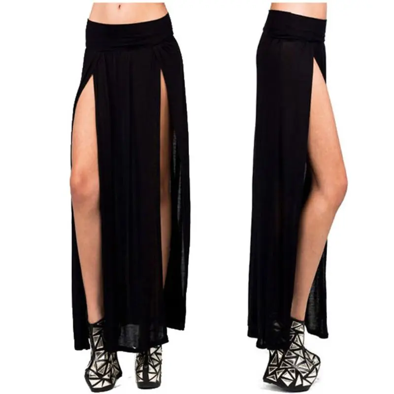 Womens High Waist Sexy Double Slit Front Open Knit Maxi Long Skirt Solid Color Pleated Irregular Hem Beach Dress Bikini Cover Up