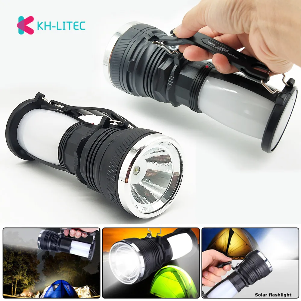 Solar Power Rechargeable Battery Waterproof LED Flashlight Outdoor Torchflashlight Camping Tent Light Lantern Lamp