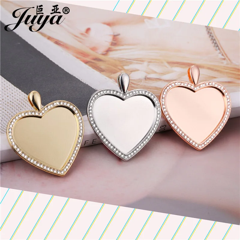 3PCS 30mm Heart Round Pendant Base Settings Zircon Glossy Blank Tray Copper Material For Necklace Findings DIY Jewelry Making