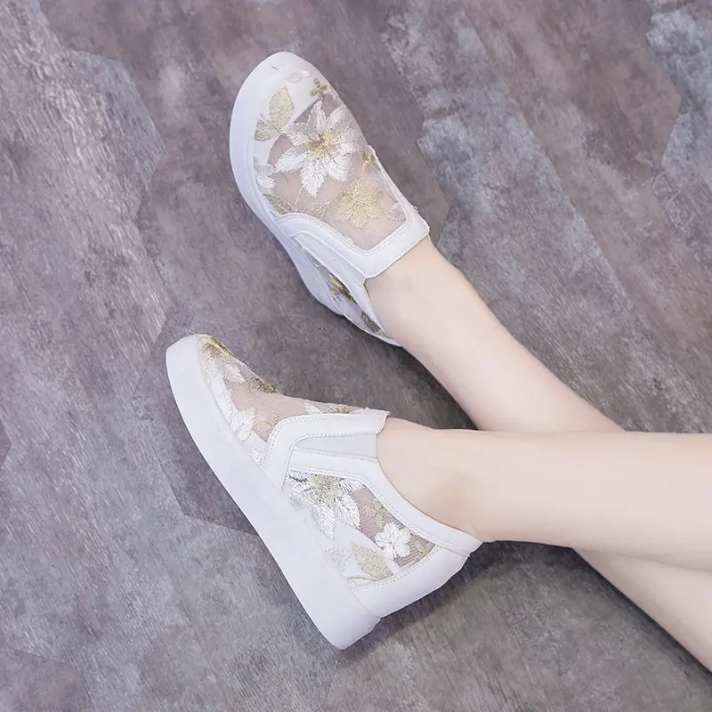 Fashion Brethable Lace White Sneaker Summer Sneakers For Women Casual Shoes Hidden Heel Wedge Platform Vulcanize Shoe Woman