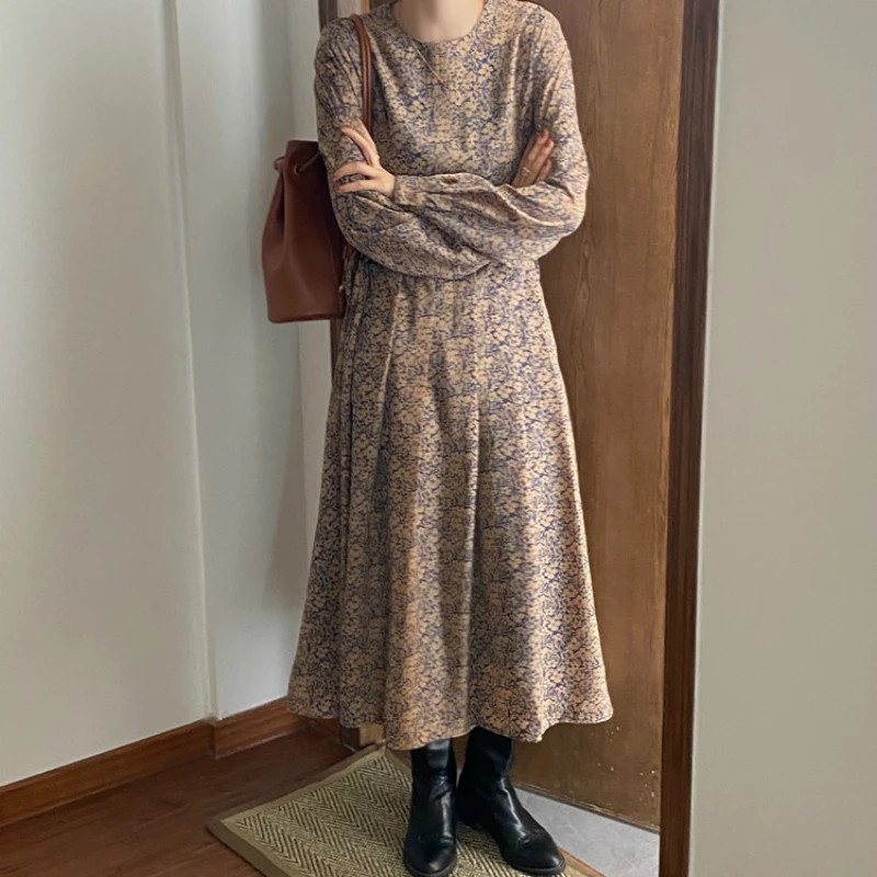 Women Autumn Elegant Slim Long Floral Pleated Dress Waist-Drawstring Round Collar Full Sleeve French Style