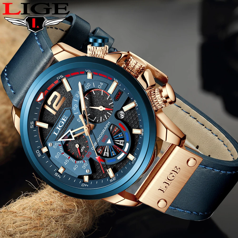 LIGE New Mens Watches Top Brand Luxury Leather Sport Watch Men Fashion Chronograph Quartz Man Clock Waterproof Relogio Masculino