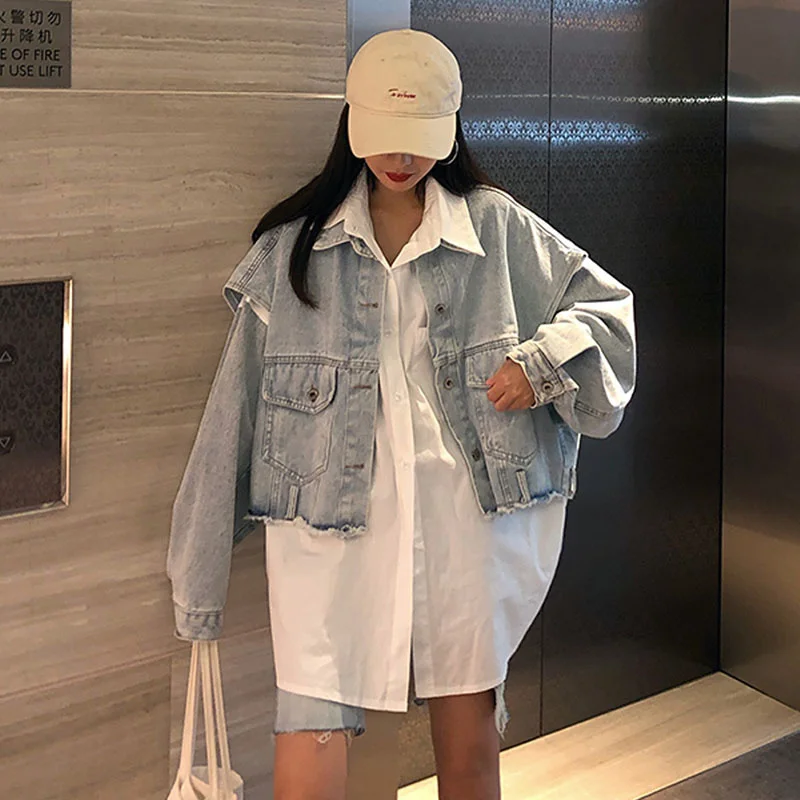 2022 Spring Autumn Long Sleeve Stitching Design Trendy Women Shirt+sleeveless All-match Denim Jacket 2 Piece Set Casual NZY158