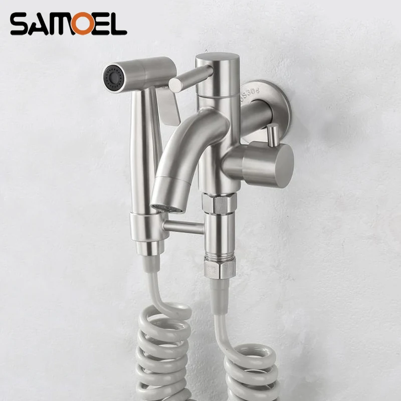 Wall-Mounted Stainless Steel Bathroom Toilet Washing Bidet Sprayer with Spring Hose Muslim Shattaf SF1067