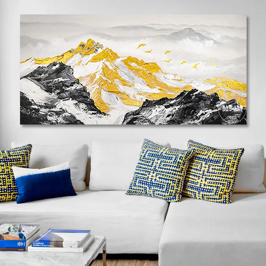 

High Quality Living Room Decor Landscape Picture Abstract Mountain Art Painting Frameless Canvas Artwork Gold Foil Design Wall