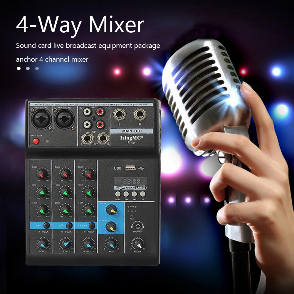4 Channels Audio Sound Mixer Bluetooth-compatible USB Sound Card Mixing Console Input Phantom Monitor for Home Karaoke KTV
