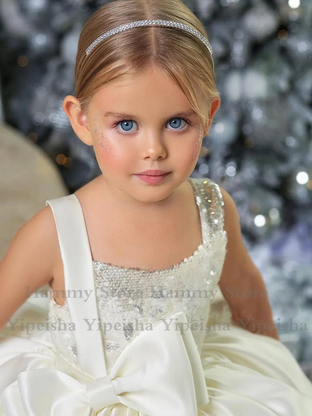 Toddler Girl Pageant Dresses Ivory Flower  Dress Top Sequin Big Bow Ball Gown Cute Baby Wedding Party Gowns