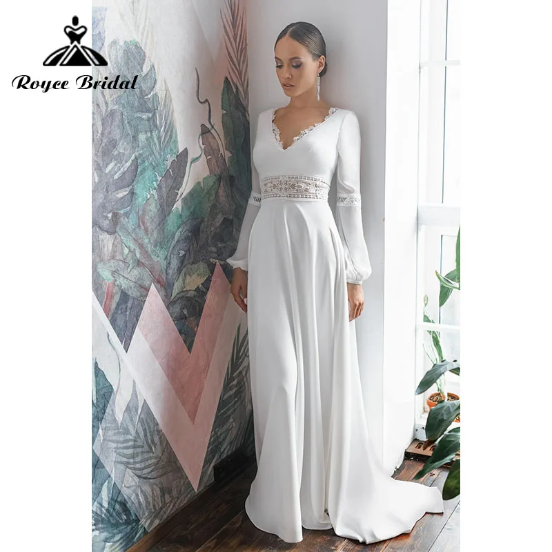 Boho uma linha praia manga longa puff renda chiffon sem costas bohemia decote em v vestido de casamento elegante vestido de noiva customzied 2025