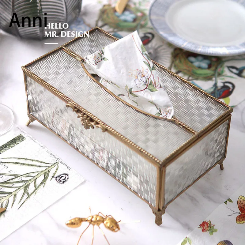 Brass Glass Carved Tissue Boxes European Luxury Paper Towel Storage Box Dinner Napkin Holder Living Room Decorative Ornaments