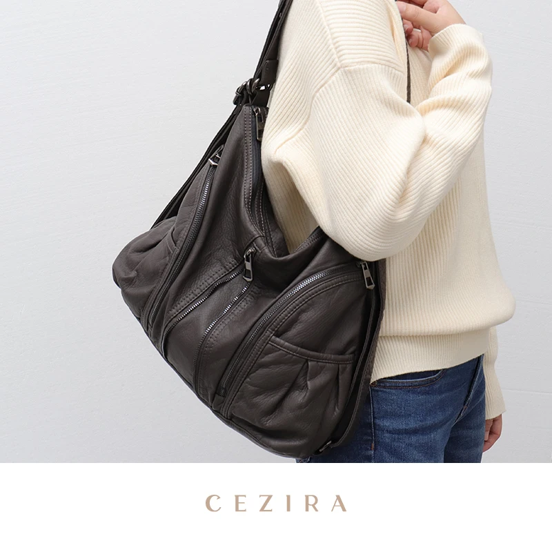 CEZIRA Fashion Women Washed PU Backpack Soft Vegan Leather Shoulder Bags Multi Pockets Large School Knapsack Female Hobo Casual