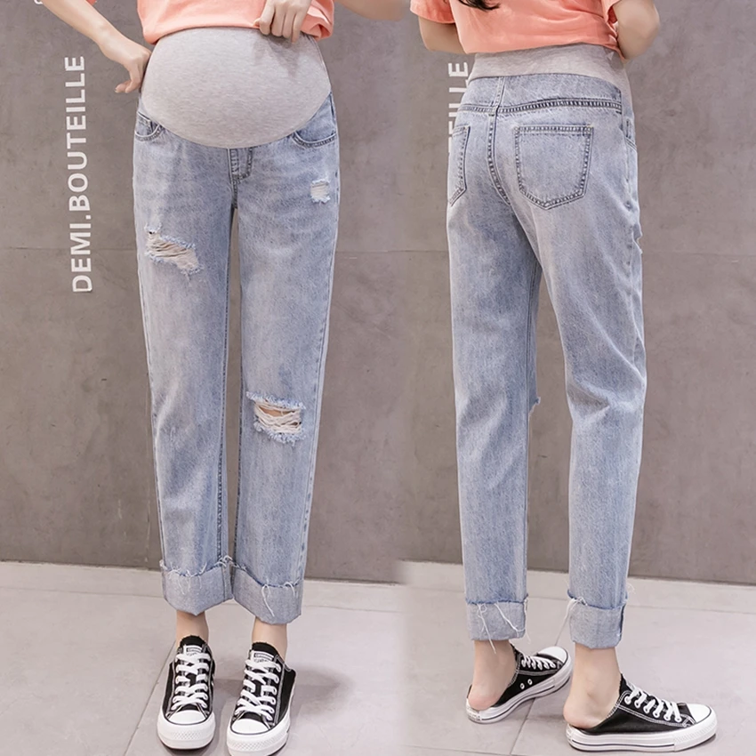 

Fashion hole jeans nine points old pants pregnant women straight pants loose wide legs pregnant women pants