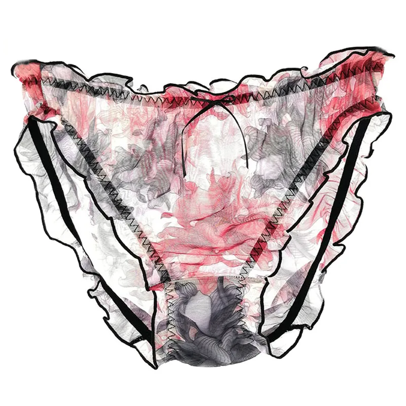 New Cute Mesh Transparent Nude Intimates Soft  Underwears Ruffle Bow Flower Print Plus Size 5XL Sexy  Lingeries  Women\'s Panties