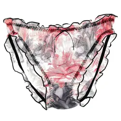 New Cute Mesh Transparent Nude Intimates Soft  Underwears Ruffle Bow Flower Print Plus Size 5XL Sexy  Lingeries  Women's Panties