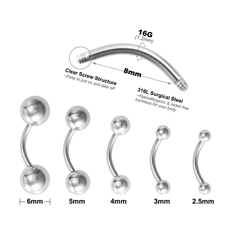 5pcs 2.5-6mm Eyebrow Piercing Banana Lip Ring Stainless Steel Curved Barbell Stud Helix Navel Cartilage Earring Body Jewelry 16G