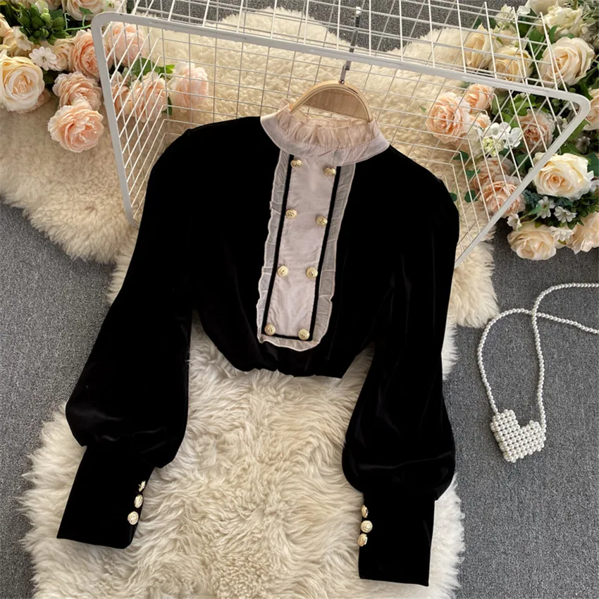 New Women Gold Velvet Blouse Girl Mesh Patchwork Shirt Spring Long Sleeve Palace Blousas Basic Tops Pullovers Bottomings WZ1305