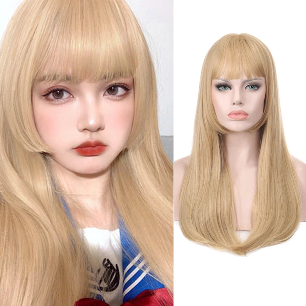 

XUANGUANG 22inch Synthetic Heat Resistant Hair Long Straight Natural Wigs For Women Lolita Cosplay Wig With Bangs Daily wear