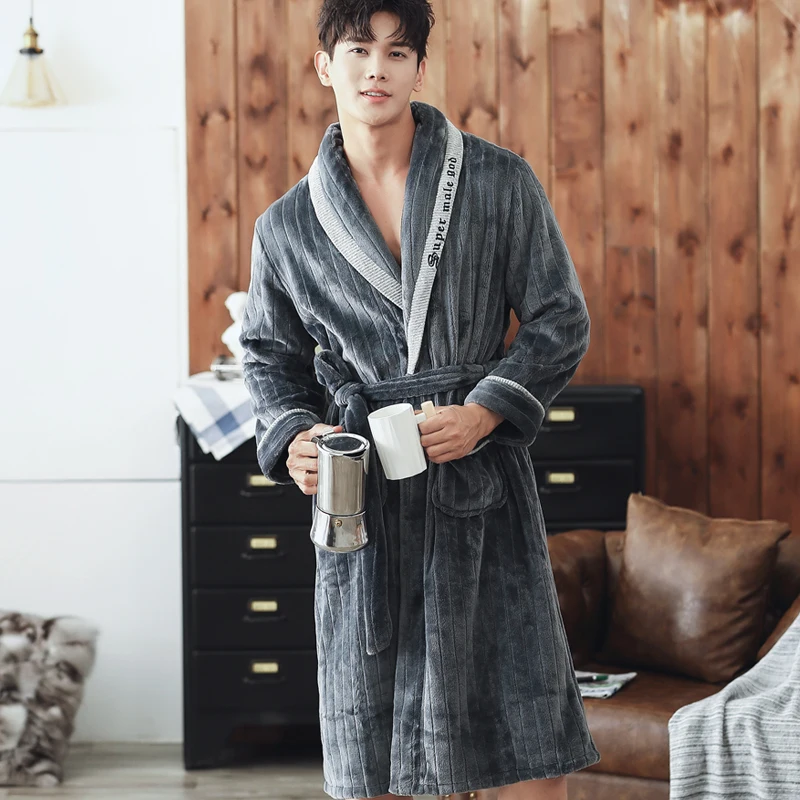 Autumn Winter Nightdress Gray Men Casual Coral Fleece Sleepwear Warm Men Home Wear Flannel Belt Pyjamas Kimono Bathrobe Gown