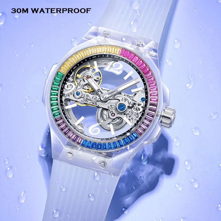 HANBORO Women Automatic Watch Luxury Ladies Watches Austria Crystal Waterproof Luminous Mechanical Wristwatch Silicone Strap