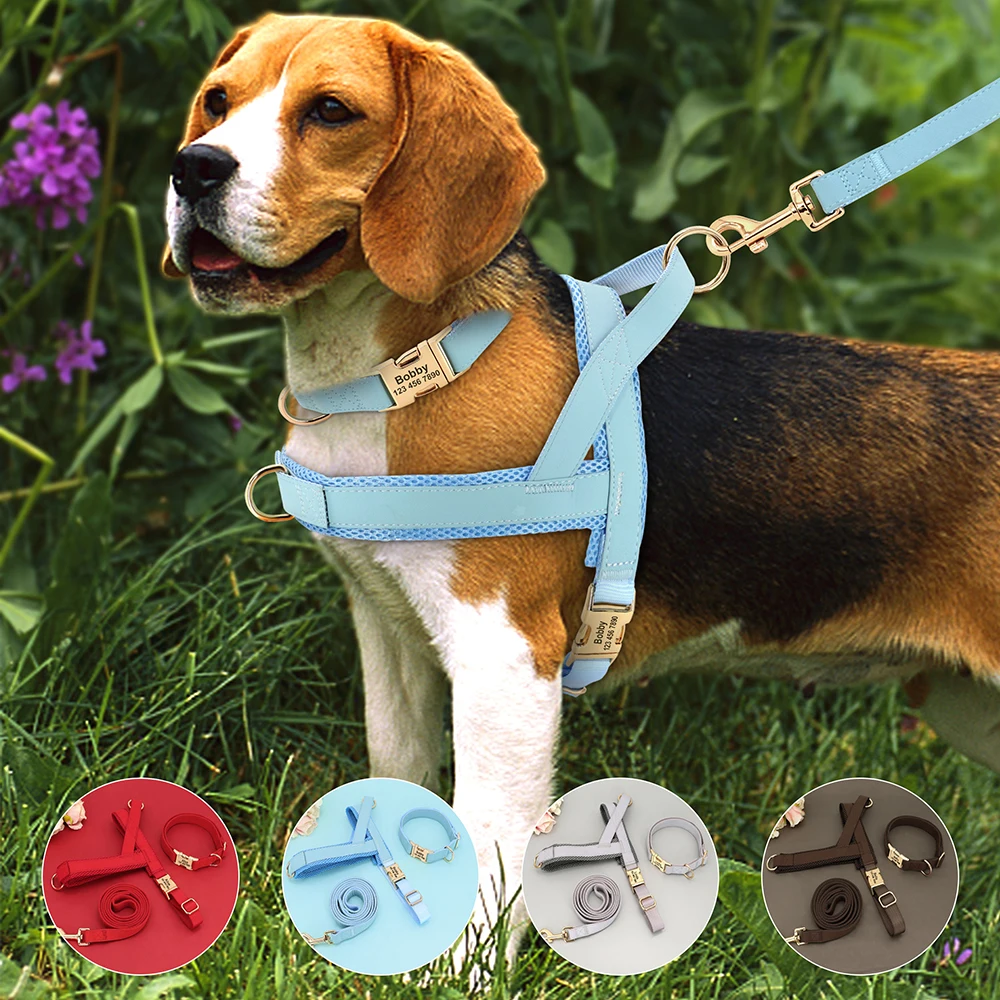 Personalized Dog ID Collar Leash Harness Anti-lost Dogs Buckle Collars Nylon Vest Walking Rope For Small Large Dogs Pitbull