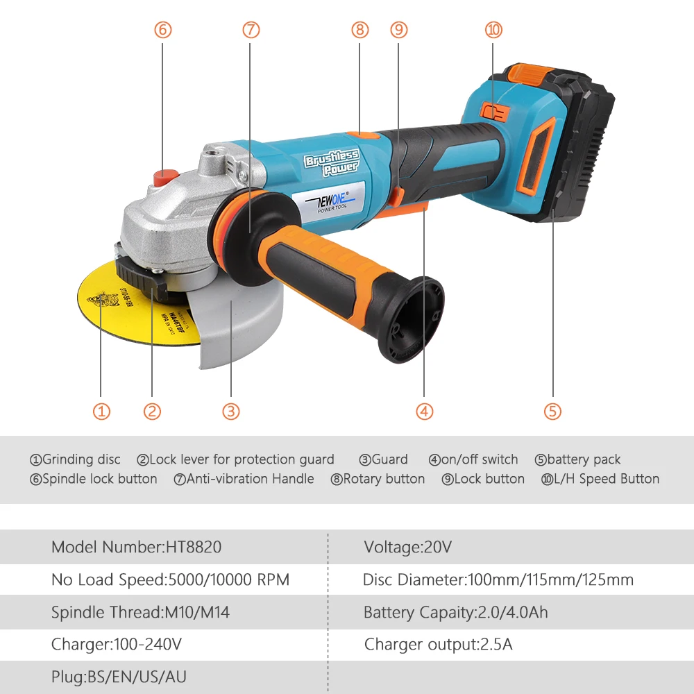 NEWONE 20V MAX Brushless Cut-off Tool M10/M14 Angle Grinder With 4.0Ah Li-ion Battery, 3-Position Auxiliary Handle, Fast Charger