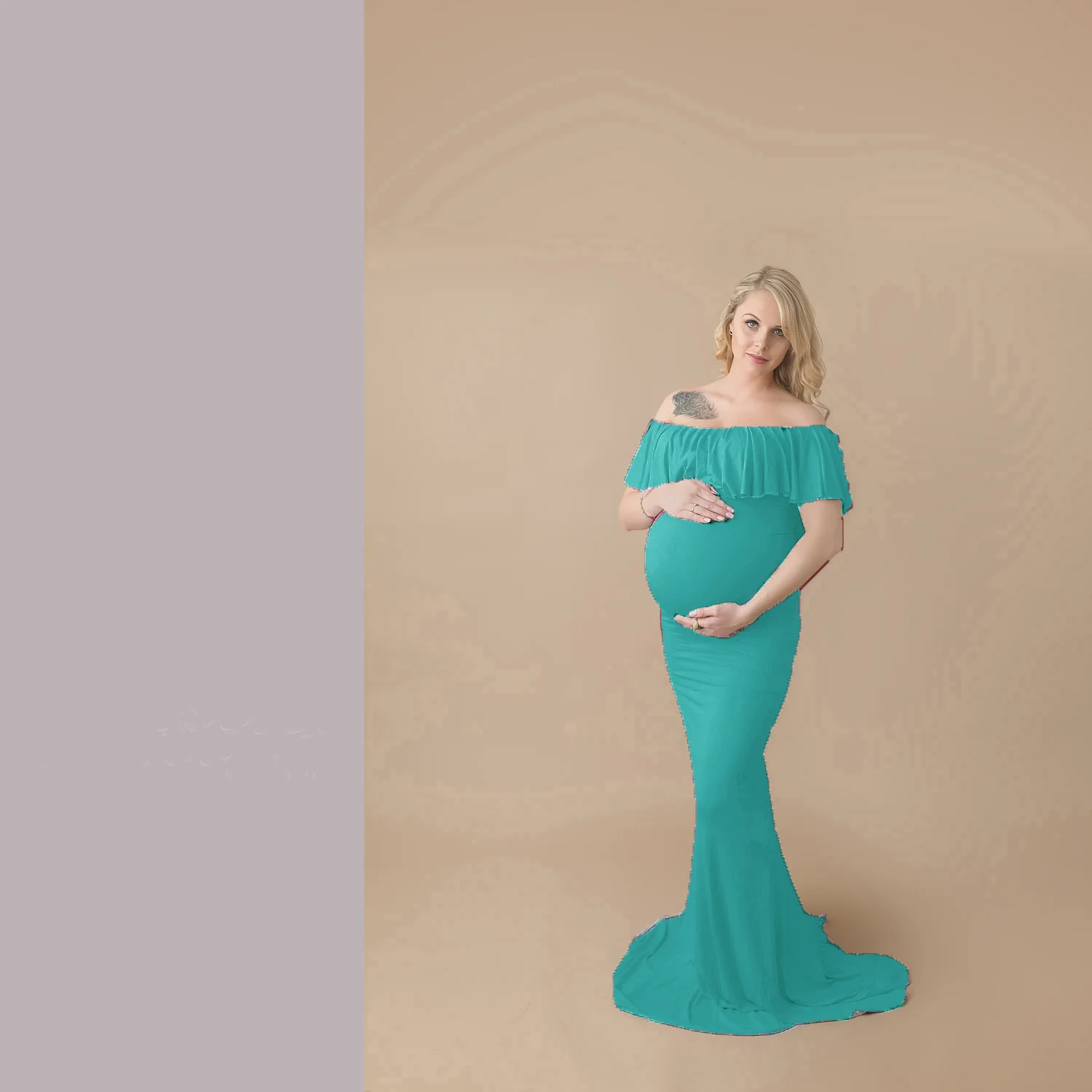 High Split Maternity Dresses for Baby Showers Photo Shoot Off Shoulder Long Sleeve Maxi Gown Pregnancy Dress Photography Props