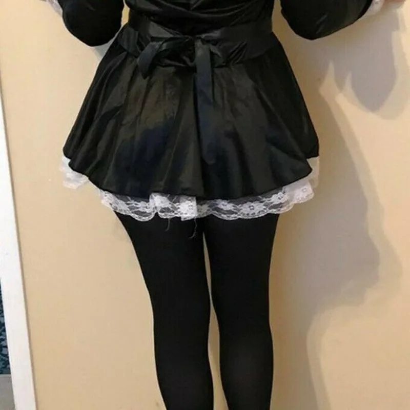 Sexy Lolita cetim fantasia de empregada francesa para mulheres, manga longa, vestido chique, casas com avental, dramatização de fetiche, plus size, M para 4XL