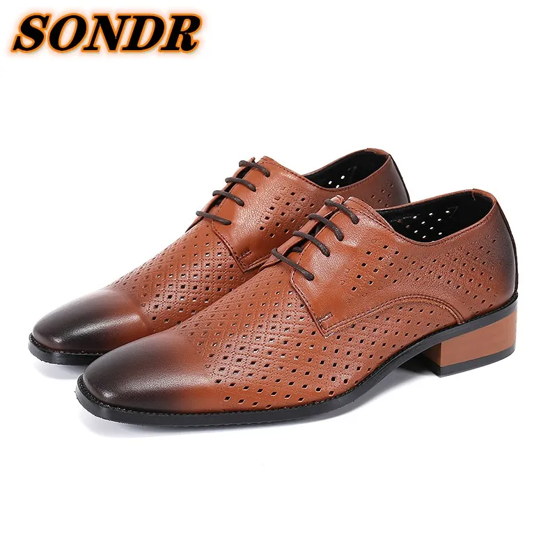 Zapatillas Para Hombre Hollow Out Men Formal Shoes Brown Gray Male Genuine Leather Quality Shoes Breathable Lace Up Oxford