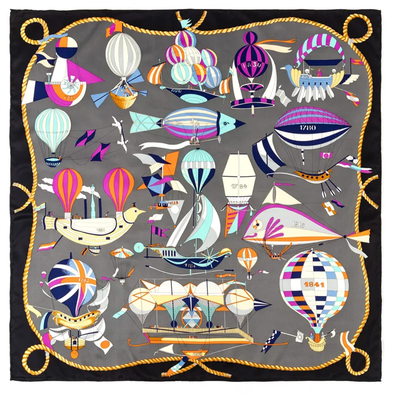 POBING Manual Hand Rolled Twill Silk Scarf Women Fly Boat Print Square Scarves Echarpes Foulards Femme Wrap Bandana Hijab 90CM