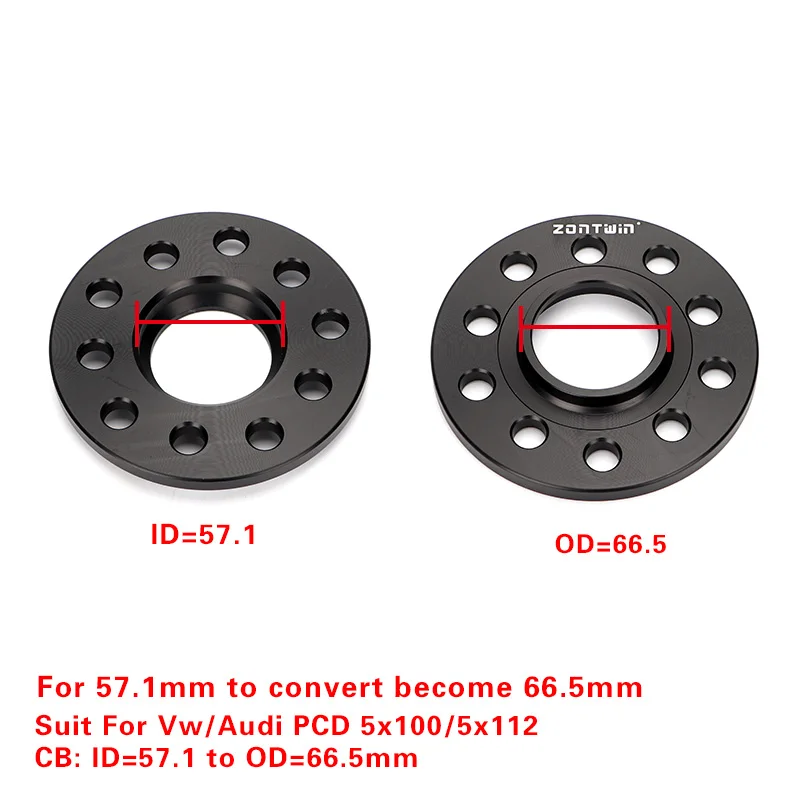 2 조각 3/5/8/10/12mm 휠 스페이서 변환 어댑터 PCD 5x100/5x112 CB ID = 57.1mm ~ OD = 66.5mm Vw-Audi 자동차 용 슈트 썸네일 2
