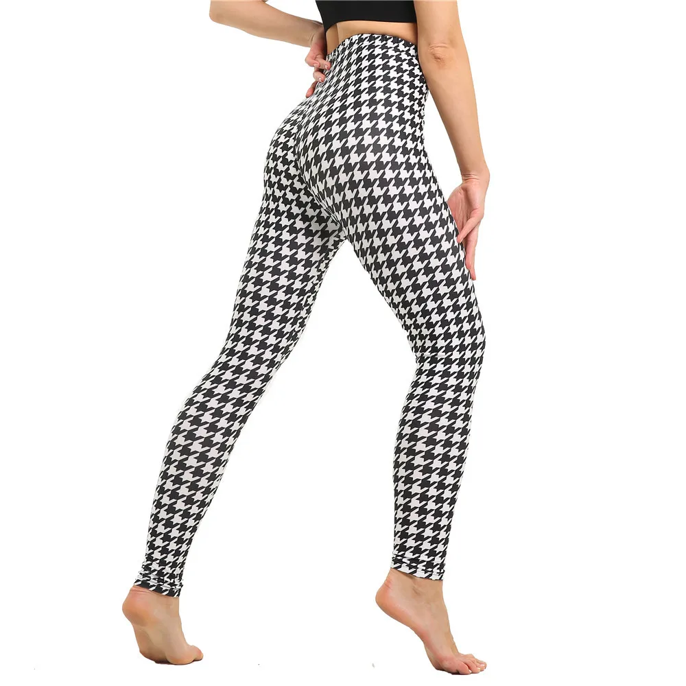 YRRETY Women Black And White Striped Leggings Stretchy Plaid Houndstooth Print Pencil Pants Autumn Push Up Fitness YogaTrousers