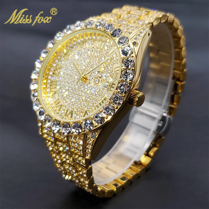 ساعة كلاسيك MISSFOX Brand Golden Watch For Men Full Diamond Stylish Master Style Couple Watches Gift Wholesale ساعات رجالية