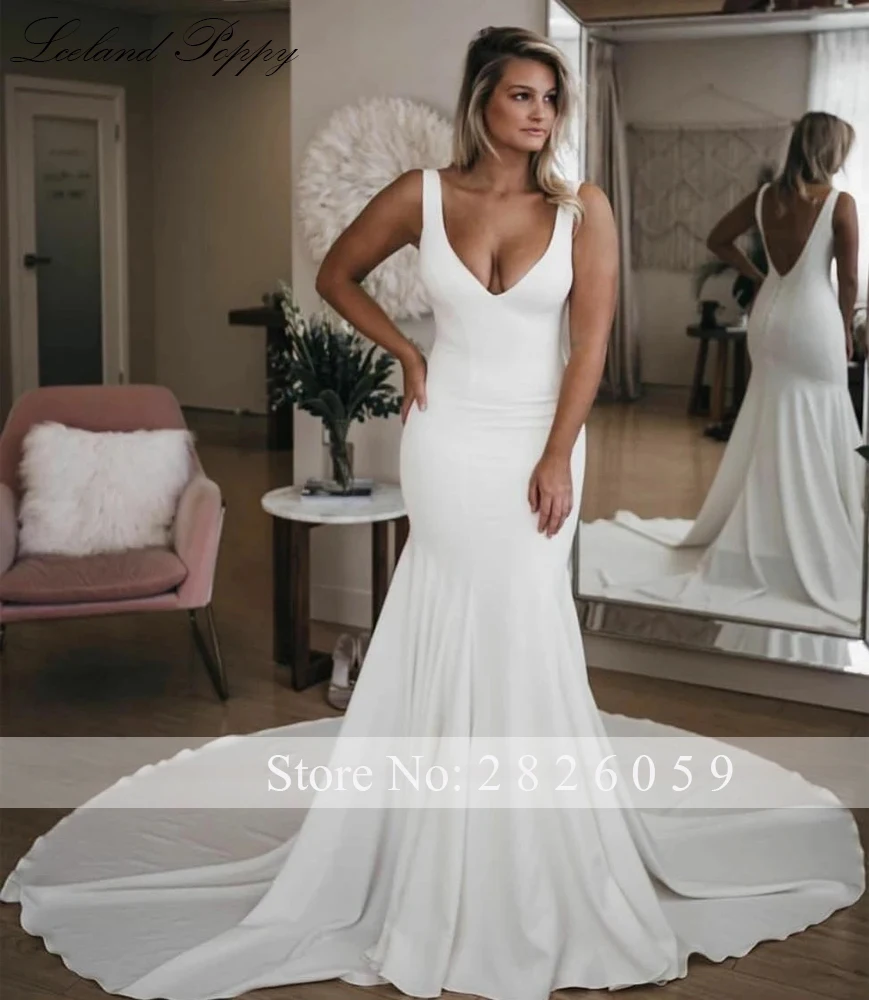 Lceland Poppy Customized V-neck Mermaid Satin Wedding Dresses Sleeveless Floor Length V Backless Bridal Gowns with Chaple Train