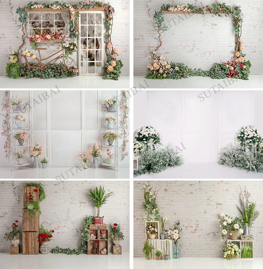 

Spring Easter Photography Backdrop Reality Decorations White Knitting Pillow Brick Wall Wood Box Studio Booth Baby Background