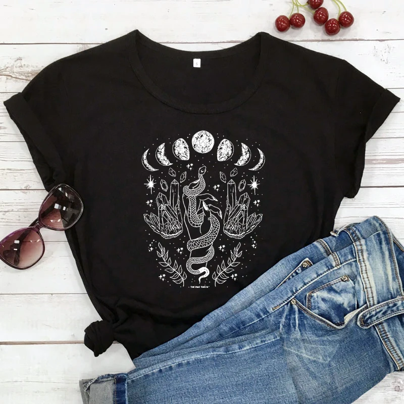 Mystical Moon With Snake T-shirt Trendy Moon Phases Witch Tshirt Camiseta Fashion Women Crescent Moon Graphic Top Tee Shirt