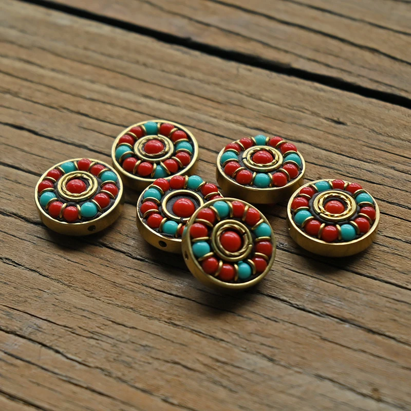 TZ001 Nepal Beads Handmade Tibetan Style Bead, Brass with Synthetic Coral Turkey stone Six-word Mantra Beads For Jewelry Making