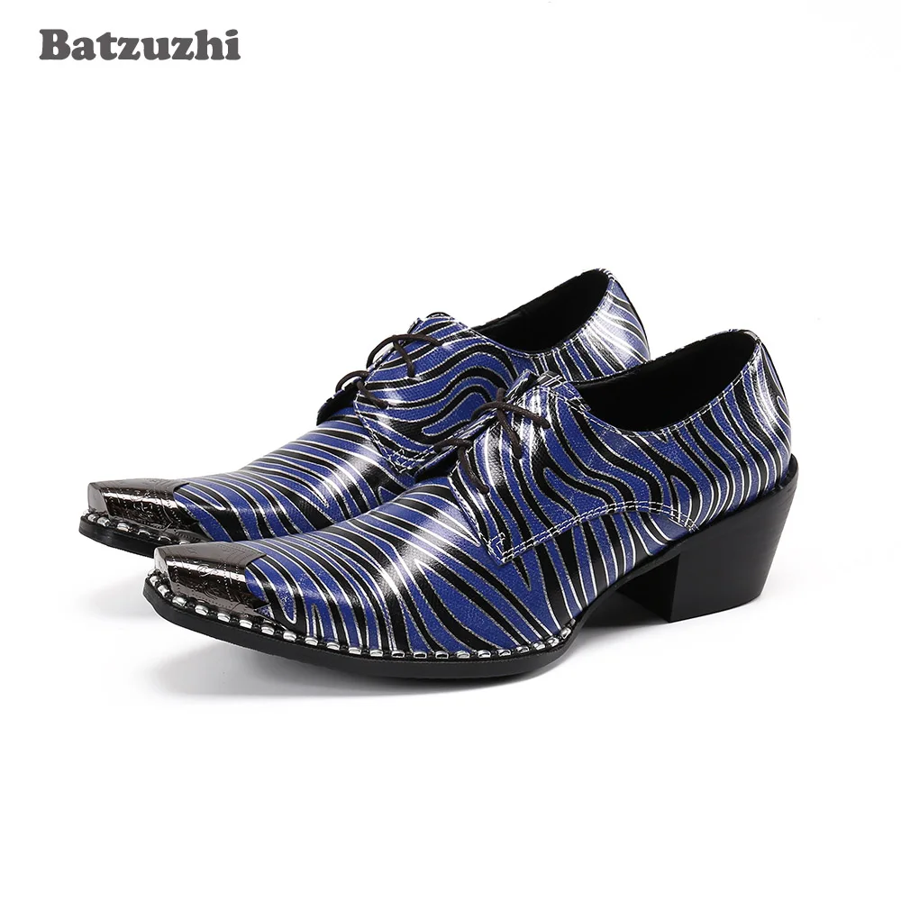 

Batzuzhi Designer's Men Shoes Pointed Toe Formal Leather Dress Shoes Men Lace-up 6.5cm High Heels Blue Party, Business Shoes Men