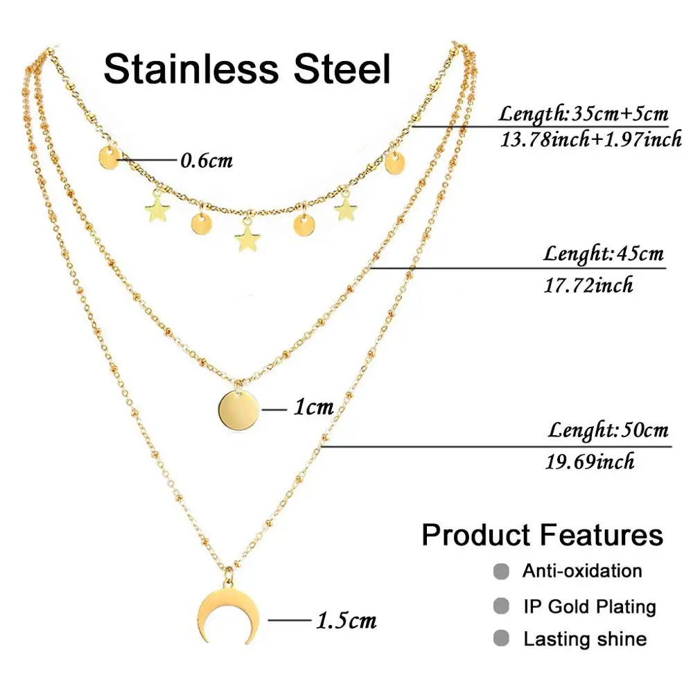 MinaMaMa 3 Layer Chains Stainless Steel Star Choker For Woman Girls Multilayer Horn Round Disc Moon Tassel Pendant Necklaces