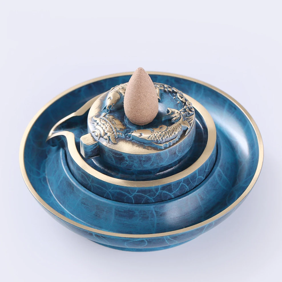 Flat Bottom Copper Incense Burner Stone Mill Turn Good Luck Backflow Incense Holder Ornaments For Home Decoration Incense Shanto