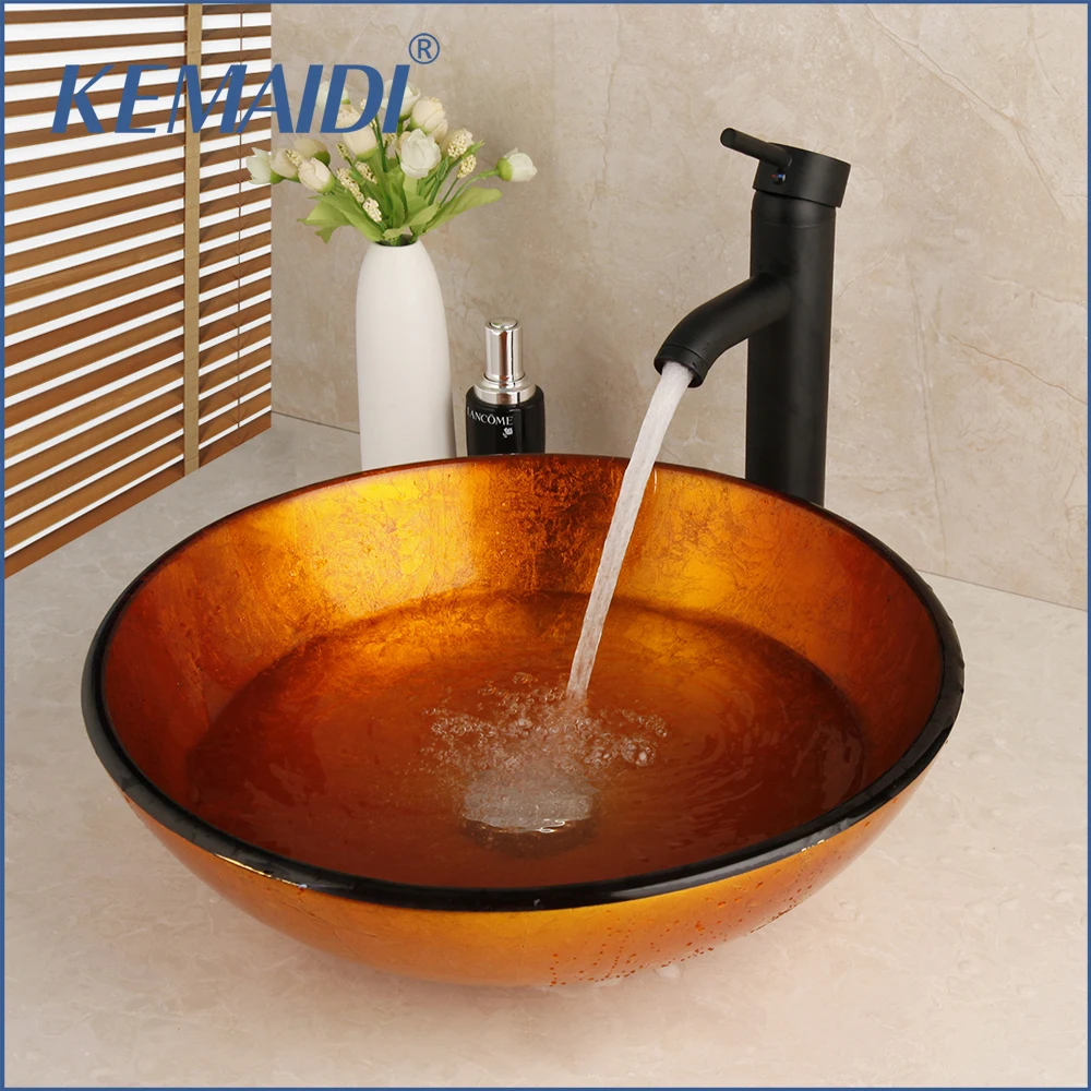 KEMAIDI Bathroom Glass Hand-Paint Brown Wash Basin Sink Lavatory Sink Combine Set Matte black Waterfall Mixer Tap Faucet