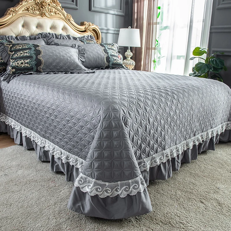 Luxury Grey Egyptian Cotton Quilted Bedspread Cloverlet Lace Edge Bed sprerad for All Season Blanket Quilt Pillowcases 3/5pcs