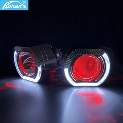 RONAN 2.5'' VER 8.1 Bi-Xenon Lente do projetor H1 Farol do carro para X5 BM Sport LED Square Angel Eyes DRL Branco RGB Devil Retrofit H4 H7 Estilo do carro