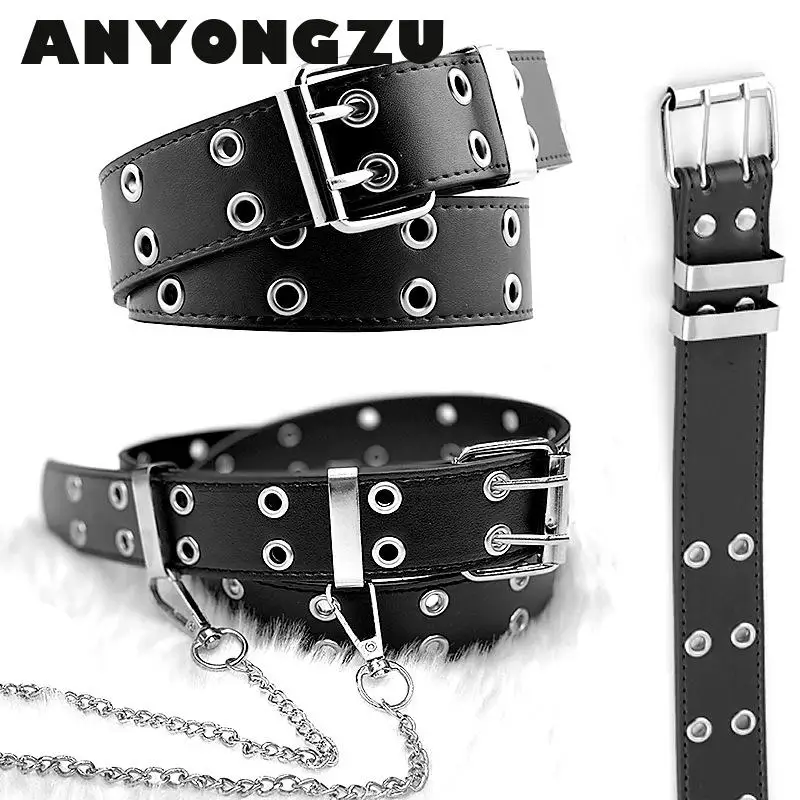 2020 New 2 Pin Buckle Women Belt With Iron Chain Punk Style Double Exhaust Eyes Jeans Fashion Decoration 110CM*3.3CM Luxury