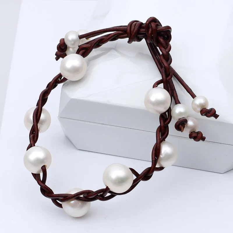 Free shipping High quality jewelry pure handweave lace natural round pearl  sweet water real leather btacelet fashion best selle